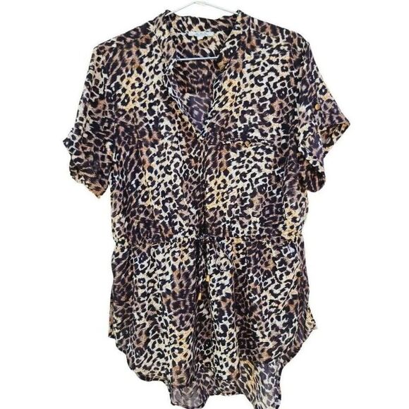 MPH Collection Womens Blouse Leopard Semi Sheer Cheetah Drawstring Plus 2X - Picture 1 of 6